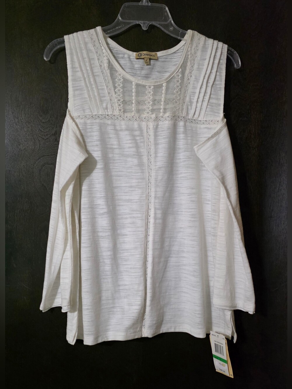 Democracy White Cold-Shoulder Crochet Lace Yoke Long Sleeve Top Size L